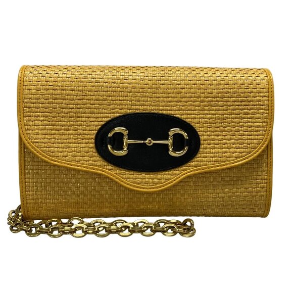 GUCCI Horsebit Yellow Black Straw Leather - Shoulder Bag 916-081525 - Picture 1 of 14